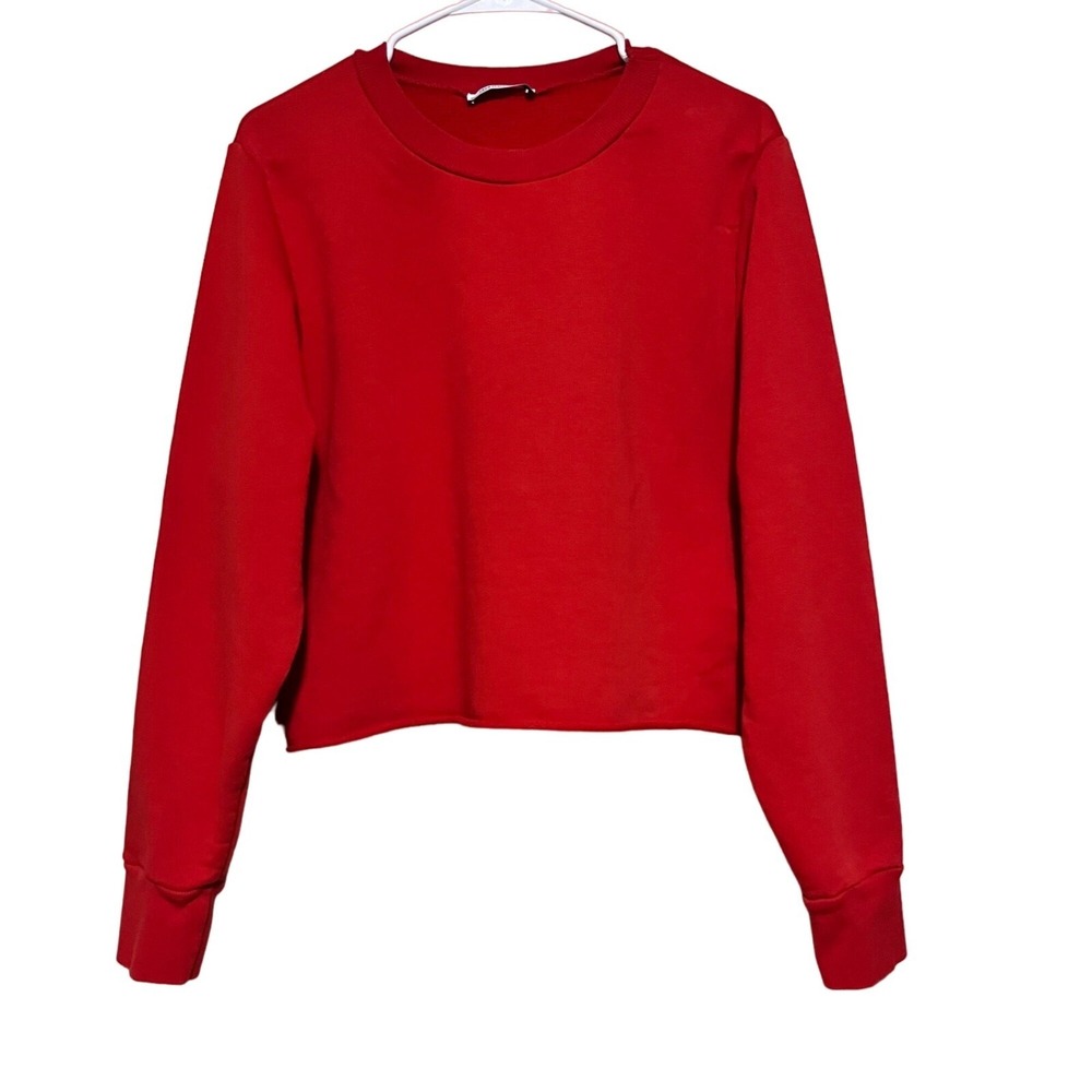 Zara Sweatshirt Womens Red Cropped Raw Hem Fleece Pullover Large